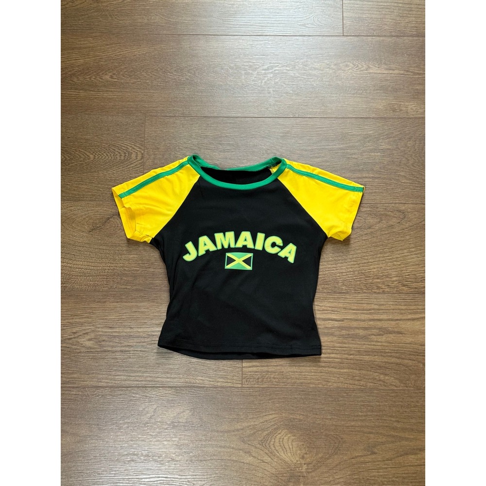 Jamaica Flag Raglan Baby Tee Black Yellow Green Cropped Graphic T-Shirt